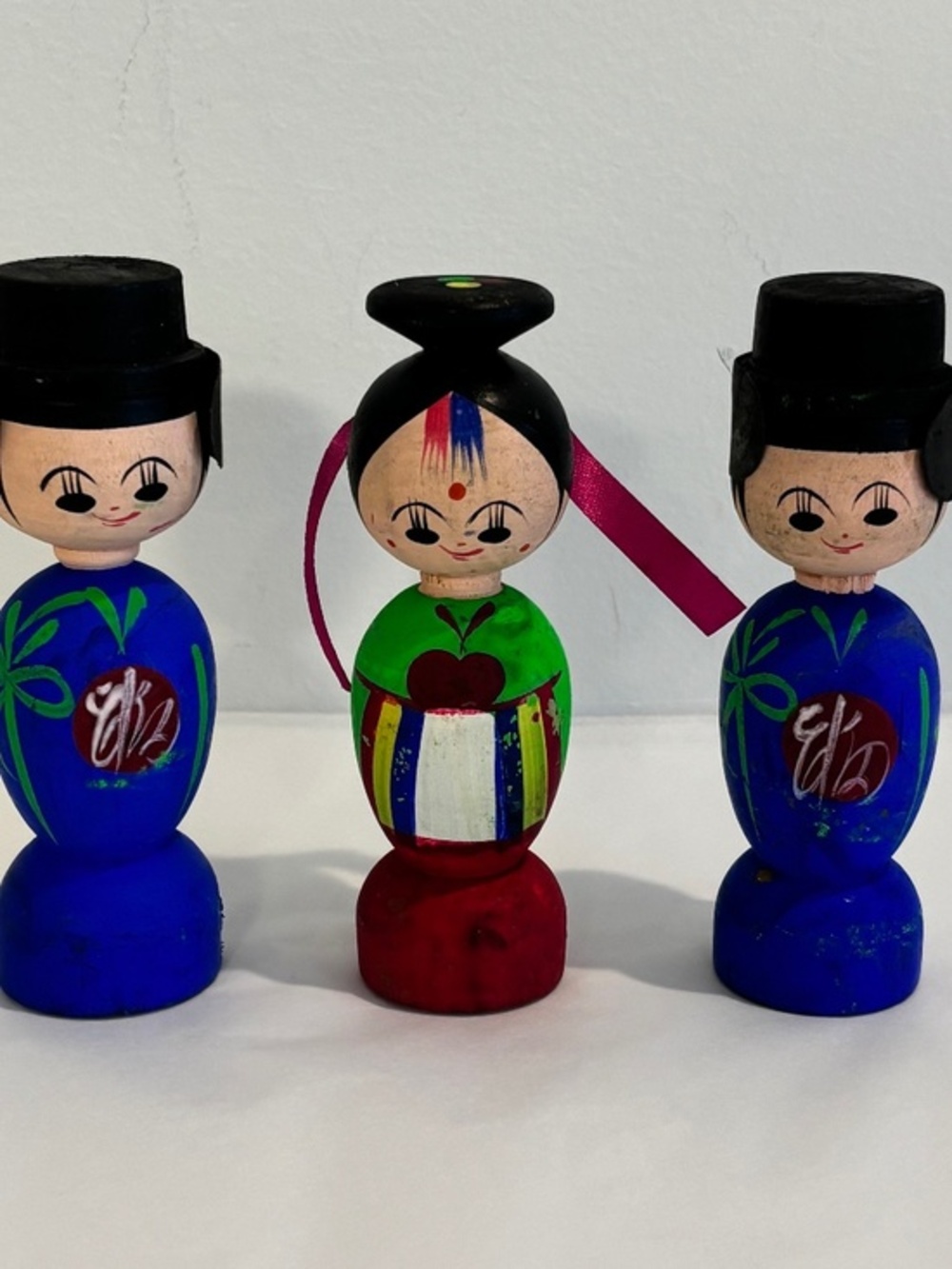 Vintage Korean wedding dolls set of THREE Kokeshi style wooden dolls 4.25” tall
